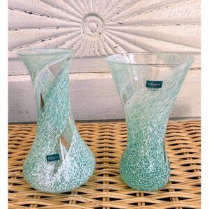 Vintage 80s Caithness Scotland Pair Green White Swirl Art Glass Bud Vases